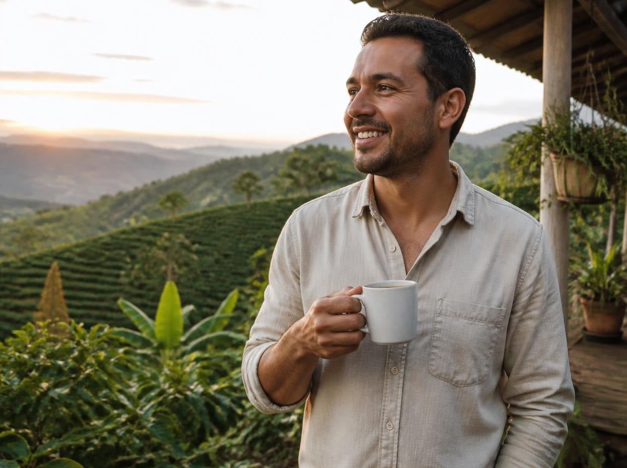Hombre colombiano disfrutando un café en una finca cafetera al amanecer